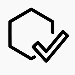 Line icon of a hexagon and a checkmark &mdash; healthy hive, black on white, square minimalist style