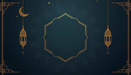 Golden Islamic Background with Ornate Frame, Crescent Moon, and Ramadan Lanterns