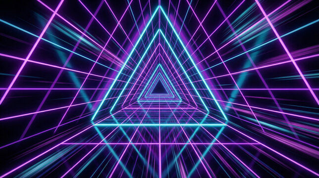 Neon triangle tunnel background with retro 80s synthwave grid. Futuristic sci-fi abstract blue and purple light corridor. 3D illustration of virtual reality speed motion
