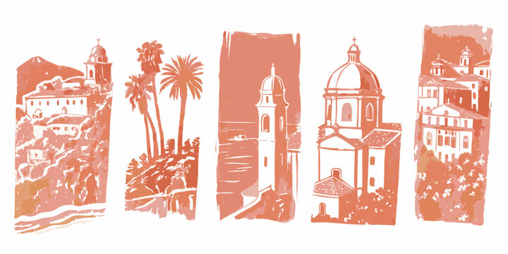 Illustrative red sketches depict historical buildings and palm trees in a row