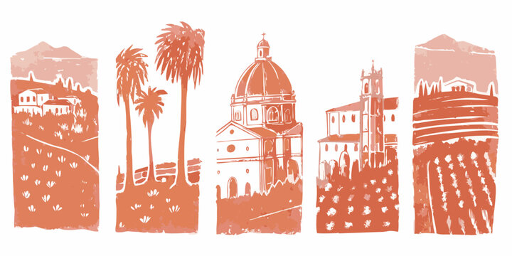 California missions and landscapes a stylized reddish orange illustration