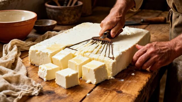 Medium shot of hands expertly cutting soft coagulated curd into uniform cubes using a traditional wire harp in a rustic cheesemaking setting.