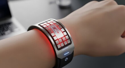 A futuristic, innovative wristband charges a smartphone from body heat. AI generated.

