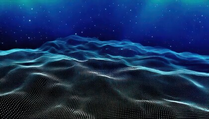 Abstract Blue Digital Landscape with Wavy Surface and Starry Sky.