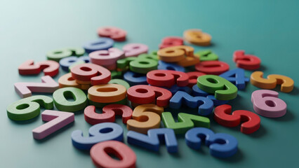 Fototapeta premium Colorful plastic numbers scattered on green background, vibrant and playful