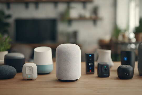 Different types of smart speakers and devices arranged on a wooden table in a modern living room setting