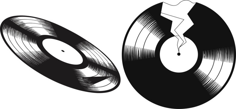 Vintage vinyl record disk sketches with broken gramophone LP, hand drawn music illustration for retro desig