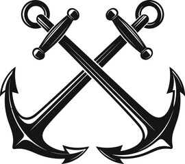 Vintage crossed nautical anchors silhouette icon for maritime marine and ocean travel adventure, cad drawing flat vector illustration on a white background design.t