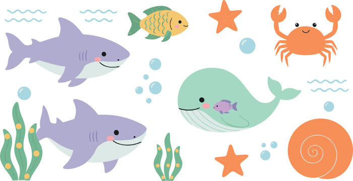 Cute underwater sea animals set with sharks, whale, crab, fish, starfish, and shells in colorful kawaii cartoon vector style