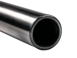 Close-up of a shiny, metallic pipe. The pipe is cylindrical with a reflective surface. Isolated Transparent Background, PNG