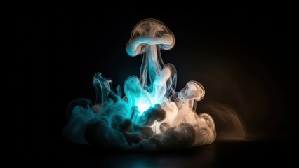 Glowing smoke cloud on black background, blue and orange hues