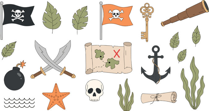 Pirate adventure icon set with treasure map, skull, anchor, spyglass, flags, and nautical elements in flat cartoon vector style