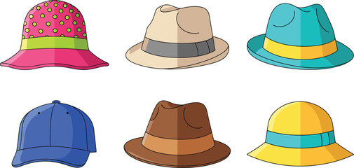 Colorful summer hat collection vector illustration set featuring casual and stylish headwear designs for fashion, beach, and outdoor accessories