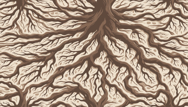 abstract seamless pattern of tree root silhouettes, minimal detail, flat design, muted brown and beige tones
