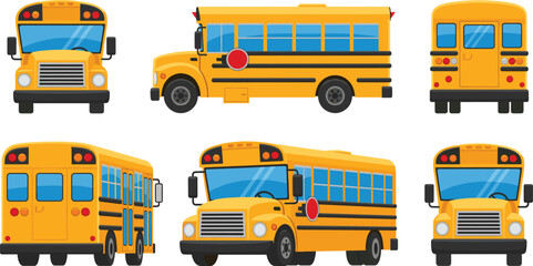 Yellow school bus collection vector illustration set showing front, side, and rear views of educational transport vehicles isolated on white background