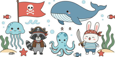 Cute sea adventure vector illustration set with pirate animals, whale, octopus, jellyfish, underwater creatures and ocean fantasy characters for kids design isolated