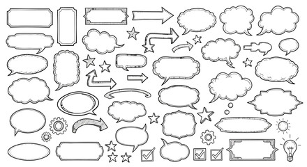Obraz premium A collection of hand-drawn speech bubbles, frames, and gears, perfect for graphic design, brainstorming, or adding a creative touch to messages and id