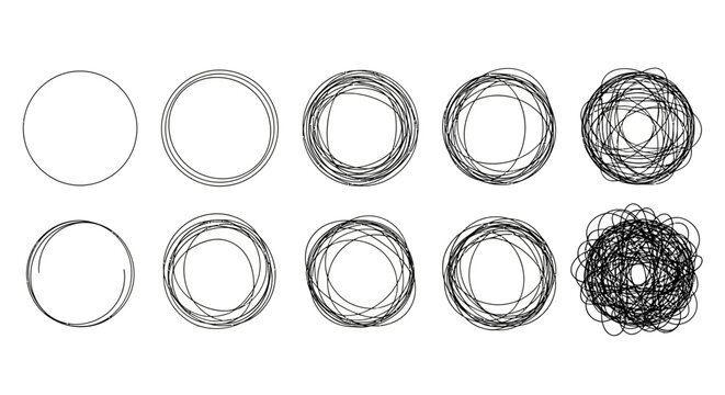 A progression of hand-drawn circles, moving from simple outlines to complex scribbles, representing the evolution of ideas or processes. Ideal for con