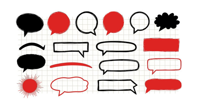 A collection of rough, hand-drawn speech bubbles and graphic elements in black and red, perfect for brainstorming, communication, or design projects.