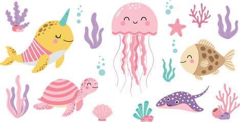 Cute underwater animal illustration set with narwhal, jellyfish, turtle, stingray, fish, coral, and playful ocean creatures in pastel flat vector style © Sanjida