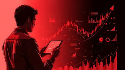 Man analyzing financial data on tablet with red stock market graph background