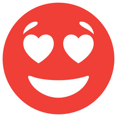 A simple red emoji face with white heartshaped eyes and a wide smile isolated on a transparent background