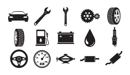 Obraz premium Black vector icons of various car parts and tools on white background