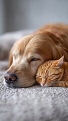 Golden retriever dog and ginger cat sleeping side by side, sharing a peaceful moment of friendship and love while resting on a cozy blanket, showing interspecies animal bond