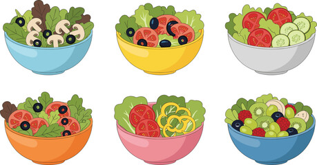 Fresh vegetable salad bowl collection vector illustration set featuring colorful healthy salads with tomatoes, cucumbers, olives, and leafy greens