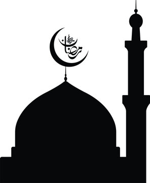 Black and White Ramadan Vector with Mosque Silhouette and Crescent Moon