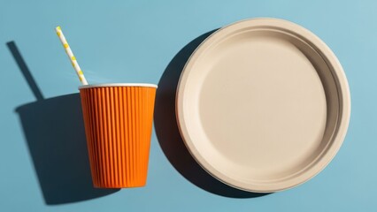 Paper cup, straw, and plate cast long shadows on a blue surface