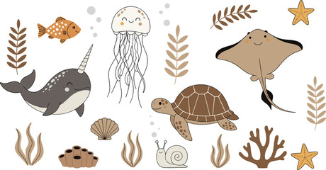 Cute underwater ocean animal illustration set with narwhal, jellyfish, turtle, stingray, shells, sea plants, and friendly marine life flat vector style © Sanjida