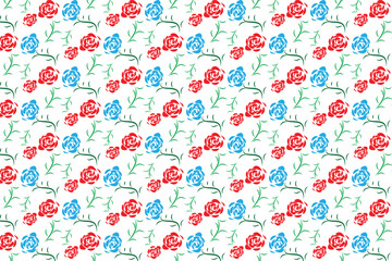 A seamless floral pattern featuring hand - drawn rose flowers and delicate leafy branches . Designed in a simple illustrative style with red and blue roses on a light textured background 