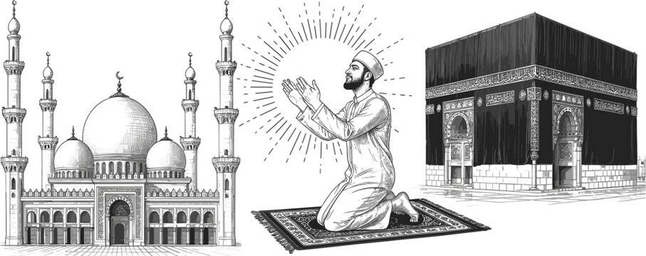 Vintage sketches of Kaaba in Makkah, mosque and praying man for Hajj and Umrah pilgrimage design