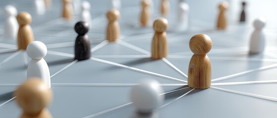 Wooden figures connect with lines on a light blue background to show social networks and human connections in various settings