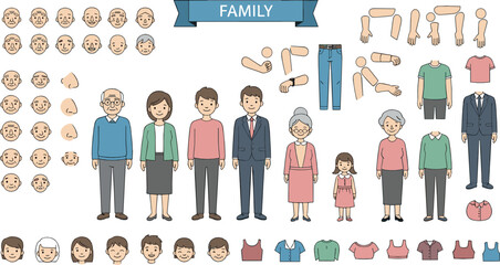 Family character creation illustration set with editable faces, body parts, clothing elements, and multi generation people for custom avatar flat vector design © Sanjida