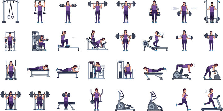 Gym workout and fitness training illustration set with strength exercises, weightlifting routines, cardio machines, bodybuilding poses, and active lifestyle flat vector characters