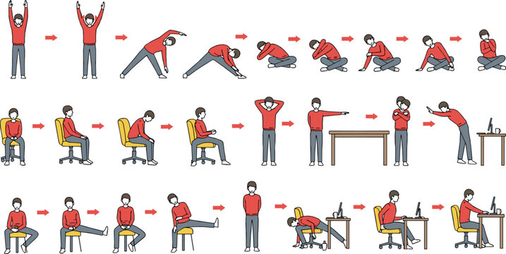 Office stretching and workplace exercise illustration set with seated and standing movements, ergonomic breaks, healthy routine actions, and employee wellness flat vector characters
