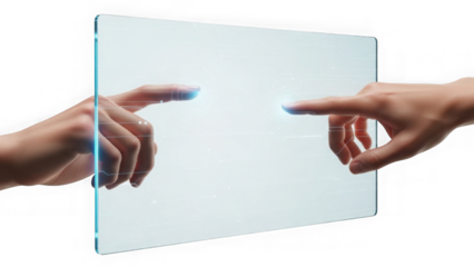 Hands Interacting With Futuristic Transparent Digital Screen