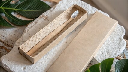 Bamboo toothbrush in eco-friendly recycled box, sustainable dental hygiene product, zero waste packaging design, minimal natural bathroom accessory flat lay