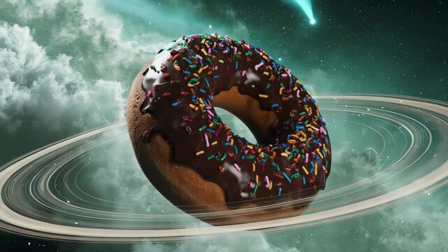 Surreal chocolate donut planet with sprinkle rings in green space