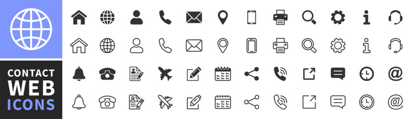Web icon set. Collection of contact and website icons. Home, location, call, at, email, address, globe, chat, message, mail, telephone, information, support, search. Editable stroke. Contact us icons