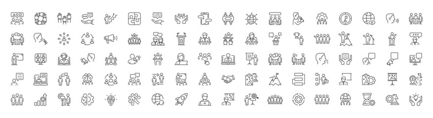 Workshop icon set. Collection of training, meeting, seminar, team building and more. Business Workshop icons for web and mobile app. Editable stroke. Thin outline icons pack. Vector illustration EPS10