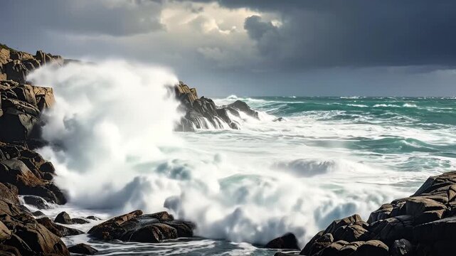 A dramatic ocean scene with a massive wave crashing against a rocky shoreline under a stormy sky