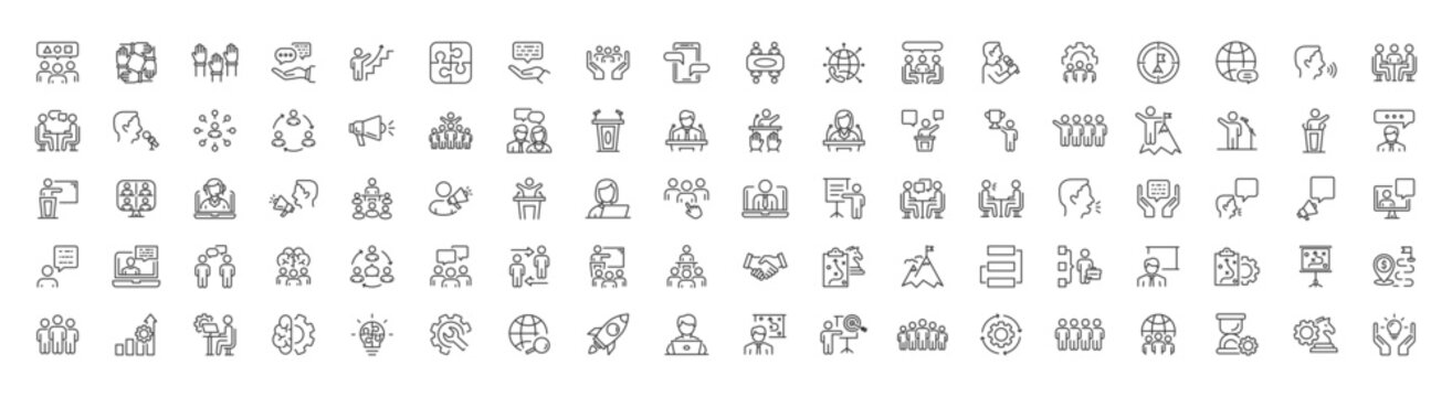 Workshop icon set. Collection of training, meeting, seminar, team building and more. Business Workshop icons for web and mobile app. Editable stroke. Thin outline icons pack. Vector illustration EPS10