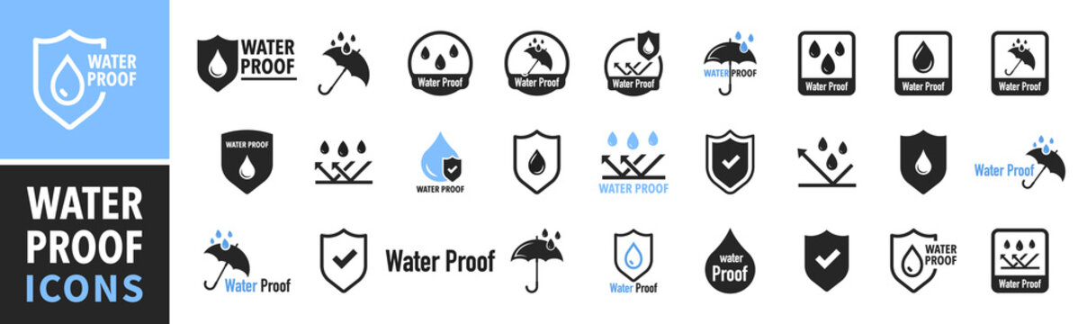 Waterproof icon set. Water Proof. Water protection, liquid proof protection. Shield with water drop. Anti wetting material, hydrophobic fabric, surface protection. Water resistant symbol. Vector