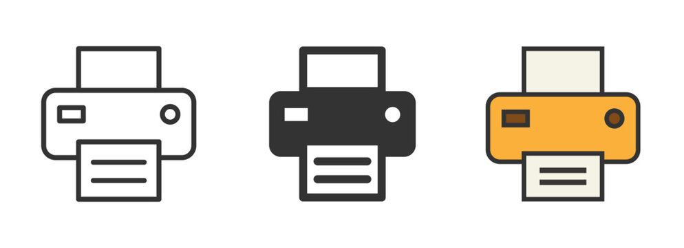 Printer or fax icon set. Containing printout, paper, machine, document in the office. Line, glyph and flat style. Vector illustration