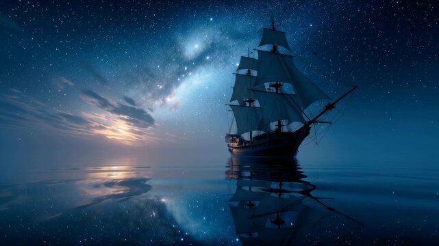 A majestic sailing ship on a quiet ocean in a starry night, with moon and stars reflecting in the water. Surreal magic atmosphere.