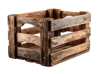 A rustic wooden crate, perfect for various storage solutions. It exudes a charming, vintage aesthetic, adding character to any setting. Isolated Transparent Background, PNG
