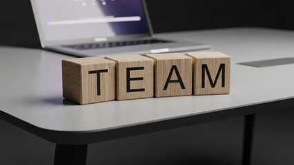 Wooden blocks spelling out the word TEAM are placed on a desk in front of a laptop.
